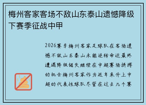 梅州客家客场不敌山东泰山遗憾降级下赛季征战中甲